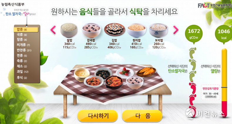 밥상의 탄소발자국 계산기’로 한 끼 식사의 탄소발자국을 확인할 수 있다. (사진=농림축산식품부)