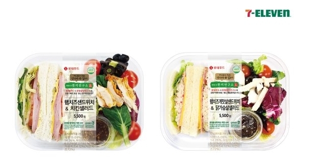 친환경 바이오페트로 포장한 세븐일레븐의 ‘햄치즈샌드&치킨샐러드’, ‘게맛살샌드&닭가슴살샐러드’ (사진=세븐일레븐)