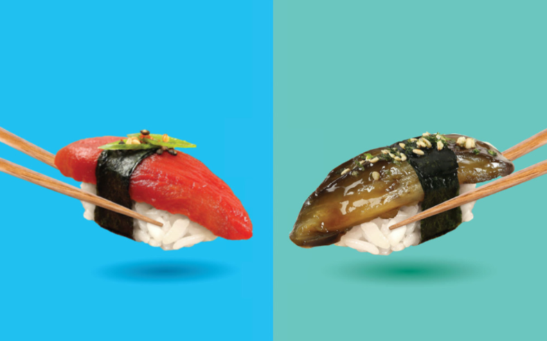 오션허거푸드의 토마토로 만든 참치 ‘아히미(Ahimi)’와 가지로 만든 장어 ‘우나미(Unami)’(사진=오션허거푸드 인스타그램)