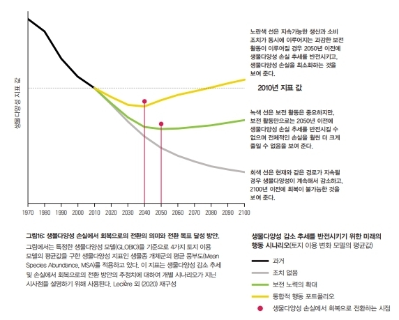 생물 다양성 손실에서 회복으로 전환의 의미와 전환목표 달성 방안. (그래프=WWF 지구생명보고서 갈무리)