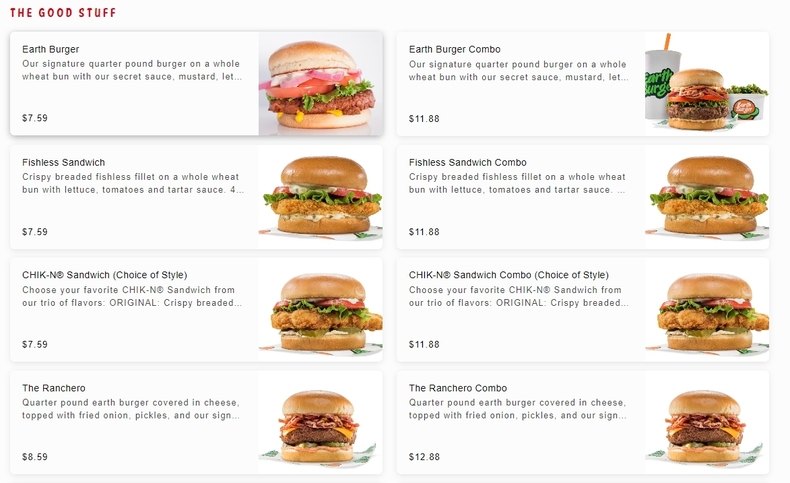 어스버거의 메뉴. (사진=Earth Burger 홈페이지 갈무리)