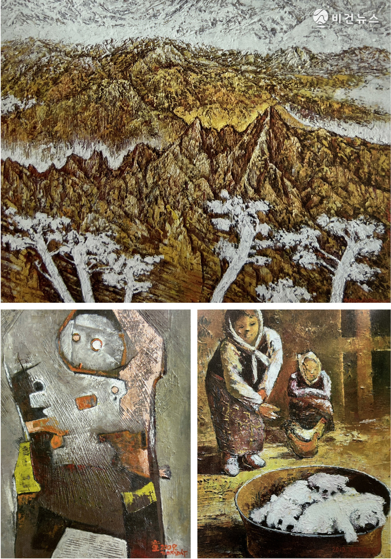 김정수 작가 _ 위 ) 금강산2 아래 좌) 상(象) 아래 우) 시장 풍경