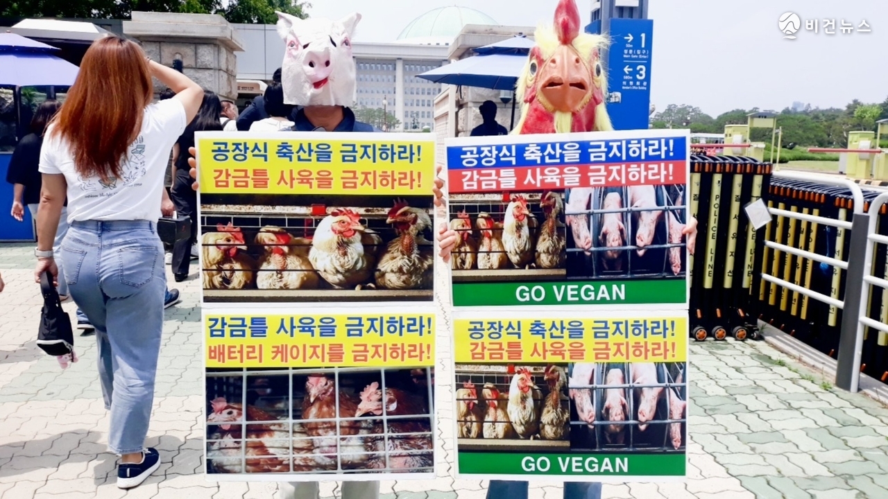 17일 서울 여의도 국회 앞에서 열린 기자회견에서 동물권 단체 회원들이 닭과 돼지 해방을 상징하는 퍼포먼스를 벌이고 있다. (사진=한국동물보호연합 제공)