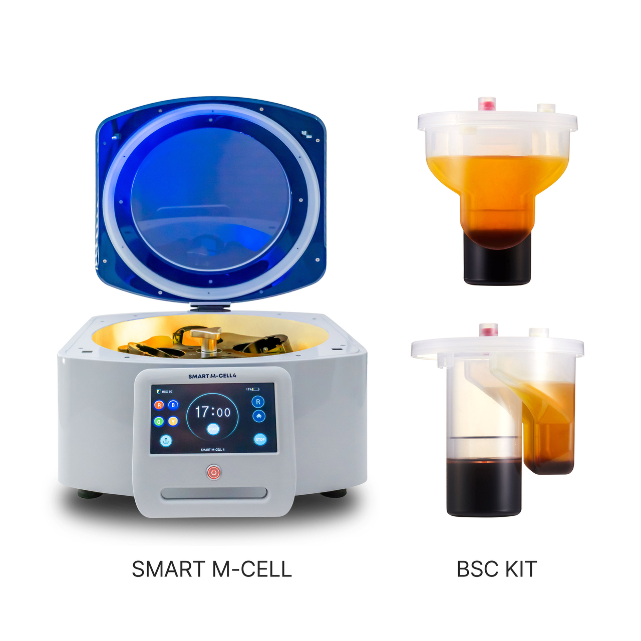 스마트엠셀(SMART M-CELL) 장비(왼쪽)와 줄기세포 분리를 위한 일회용 키트(BSC KIT) 모습. (사진=미라셀 제공)
