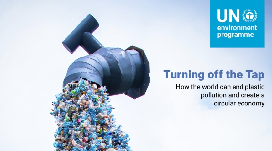 UNEP 보고서 ‘Turning off the Tap’의 상징 이미지. 플라스틱 생산 감축의 필요성을 강조한다. (사진=UNEP 제공)