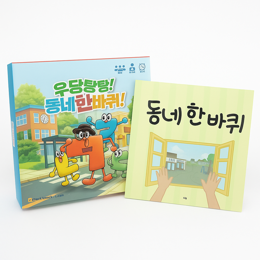 한국어 보드게임 ‘우당탕탕! 동네한바퀴’ 패키지와 학습 책자. (사진=넠넠 제공)