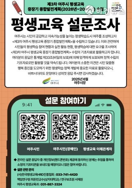 여주시, 제3차 평생교육 중장기 종합발전계획 수립을 위한 설문조사 실시