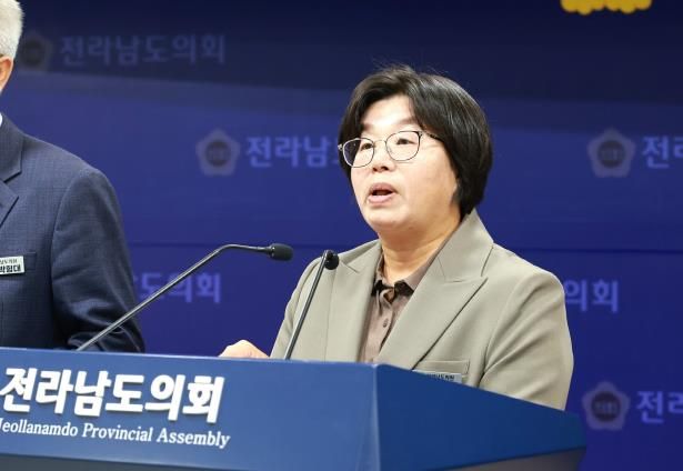 11월 3일, 도의회 브리핑룸에서 진보당·정의당 소속 도의원들이 한미 관세 협상에 대한 공동 기자회견을 열고 정부의 대미 현금투자 합의를 규탄하고 있다.