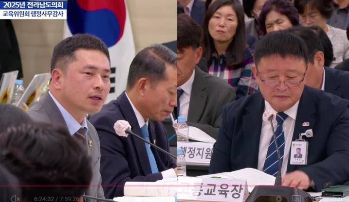 임형석 전남도의원(더불어민주당ㆍ광양1)이 11월 6일, 순천교육지원청에서 열린 행정사무감사에서 고흥교육지원청 권형선 교육장에게 질의하고 있다.